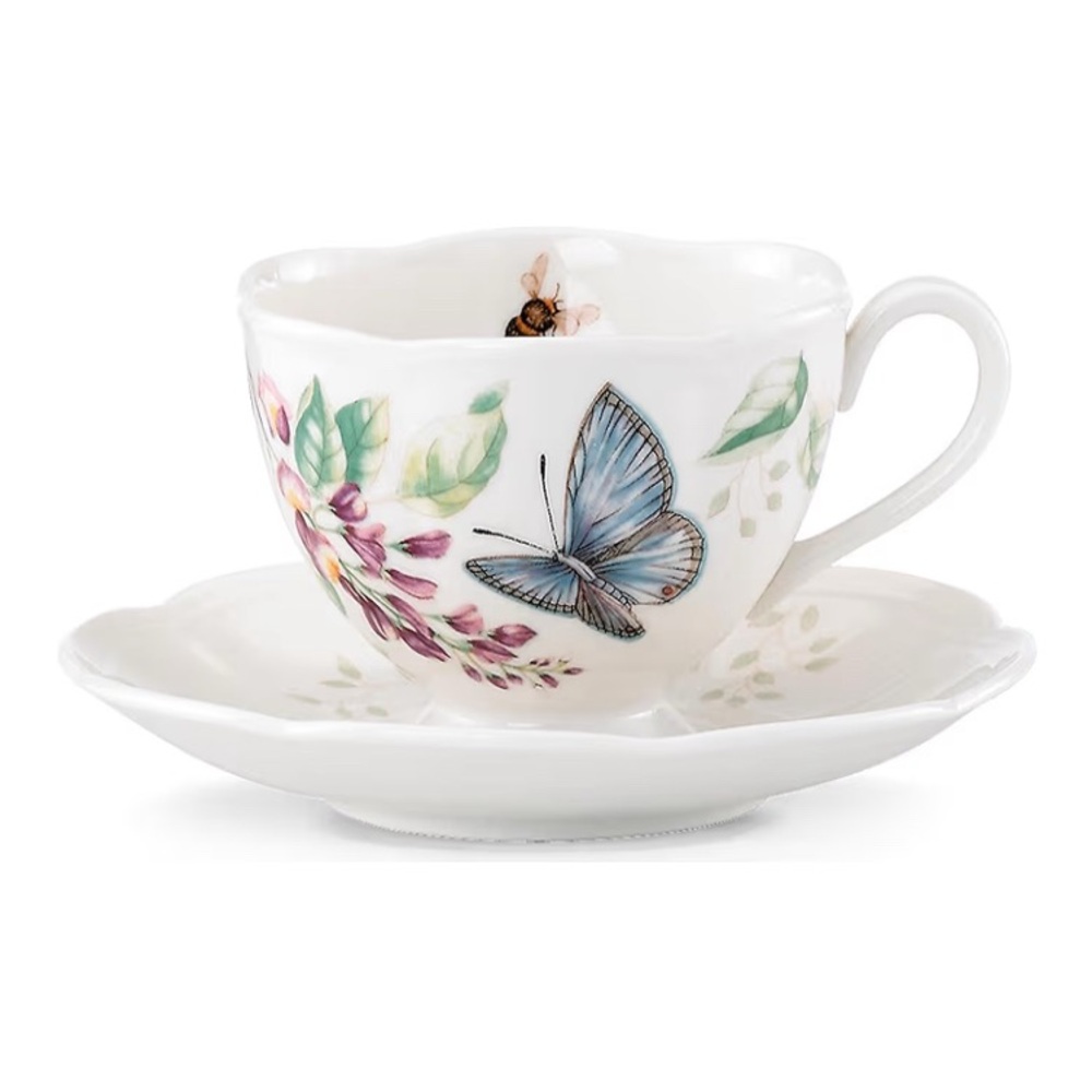 2 SETS Lenox Butterfly Meadow CUP & SAUCER Tea Coffee Ladybug Flowers